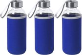 3x Stuks glazen waterfles/drinkfles met blauwe softshell bescherm hoes 420 ml - Sportfles - Bidon