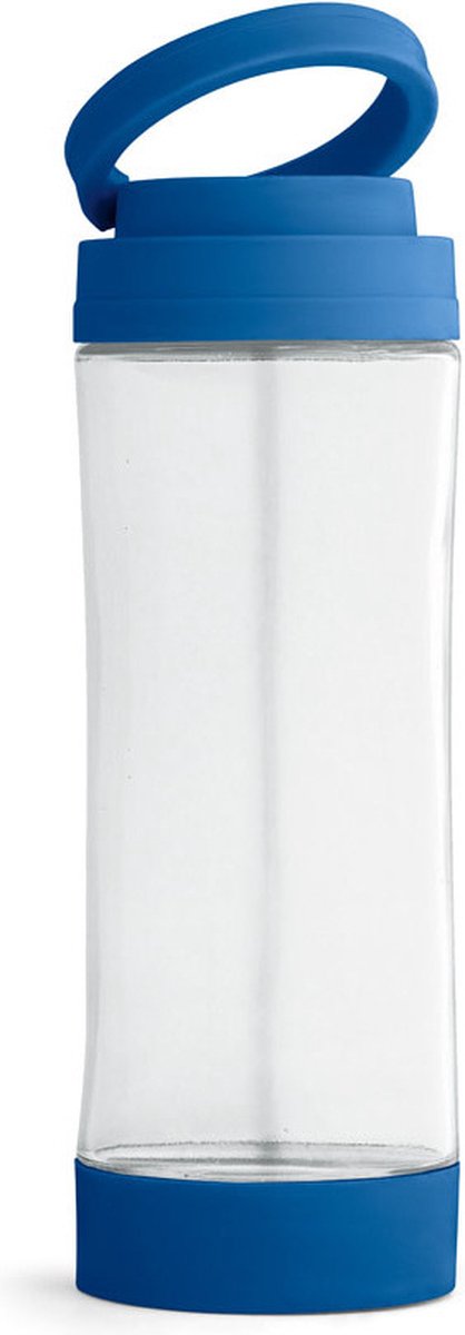 Glazen waterfles/drinkfles met blauwe kunststof schroefdop en smartphone houder 390 ml - Sportfles - Bidon