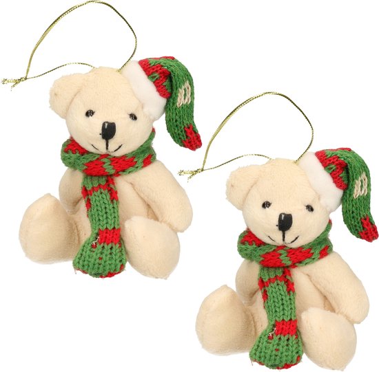 2x Kersthangers knuffelbeertjes wit met rode sjaal en muts 7 cm - Kerstboomversiering ornamenten