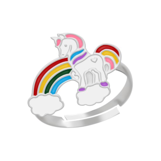 Ring kinderen | Eenhoorn ring | Zilveren ring, eenhoorn met regenboog en wolkjes