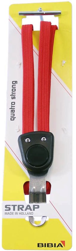 Rode "quatro strong" binder met metalen clip en zwarte knop.