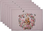 Clayre & Eef Placemats Set van 6 48x33 cm Wit Roze Katoen Rechthoek Konijn Bloemen Tafelmat