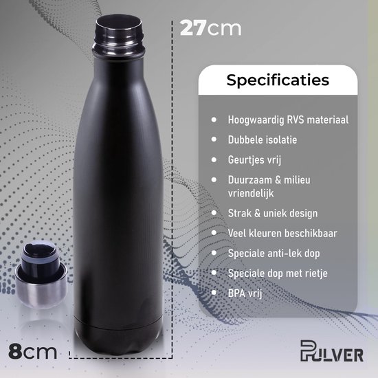 Pulver - Bouteille Thermos / Gourde De Luxe En Acier Inoxydable - Sans BPA - 500 ml - Bouteille D'eau Avec Paille - Gourde - Double Isolation - Zwart