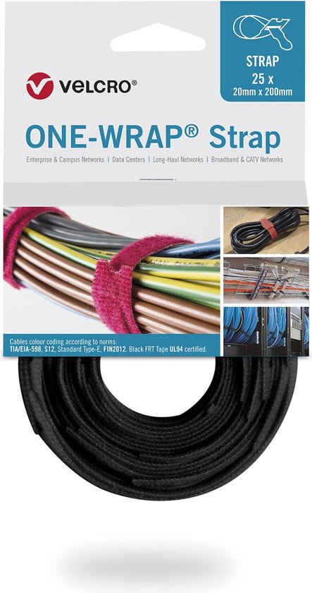 Velcro One-Wrap klittenband kabelbinders 200 x 12mm / zwart (25 stuks)