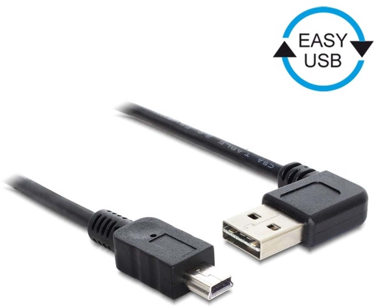 Mini USB naar Easy-USB-A haaks (links/rechts) kabel - USB2.0 - tot 2A / zwart - 2 meter