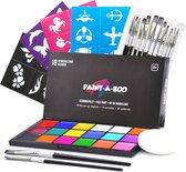 Paintaboo Schmink - 18 Kleuren op Oliebasis - Schminkset met Penselen, Sponsje, Sjablonen en Glitters - Halloween