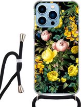 Hoesje met koord - Geschikt voor iPhone 13 Pro Max - Bloemen geel - Verstelbaar zwart koord - Transparant, Geel - Bloemen - Leuke Telefoonhoesjes