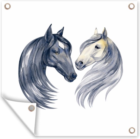 Affiche de Jardin Paarden - Aquarelle - Wit - Filles - Enfants - Meiden - 200x200 cm - Toile jardin - Affiche extérieure