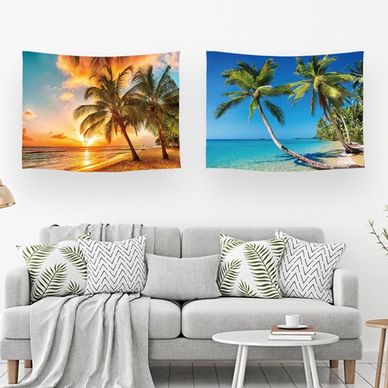 Ulticool – Wandkleed - Strand Natuur Zee Eiland Palmboom Zonsondergang – Set van 2 designs - 73 cm x 95 cm – Schilderij Wandtapijt Stof – Poster Art – Oranje Groen Blauw