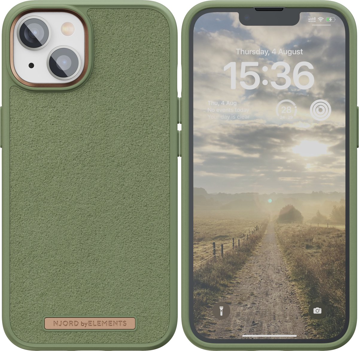 Njord byELEMENTS iPhone 14 Plus hoesje - Telefoonhoesje van Hoogwaardig Suede - Gereycled / Duurzaam materiaal - 2 Meter valbescherming - Geschikt voor Magsafe / Draadloos laden - Groen