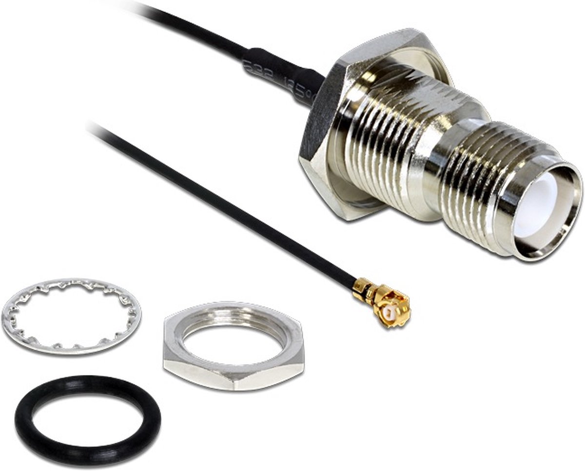 MHF I (v) - RP-TNC (v) kabel met afdichtring - Micro Coax (1,37 mm) - 50 Ohm / zwart - 0,20 meter
