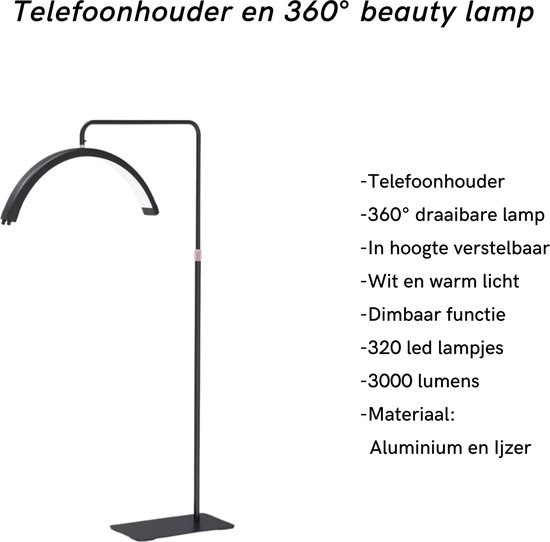Lampe de Beauty - fonctionnalité 360° - lumière blanche et chaude - support de téléphone - réglable en hauteur - cils - ongles - maquillage - massage - sourcil - lampe led - chaise de soin