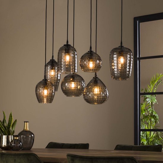 Hanglamp smoke grey glas | 7 lichts | 90 cm breed | tot 150 cm in hoogte verselbaar | smoke / zwart / grijs | landelijk / modern design