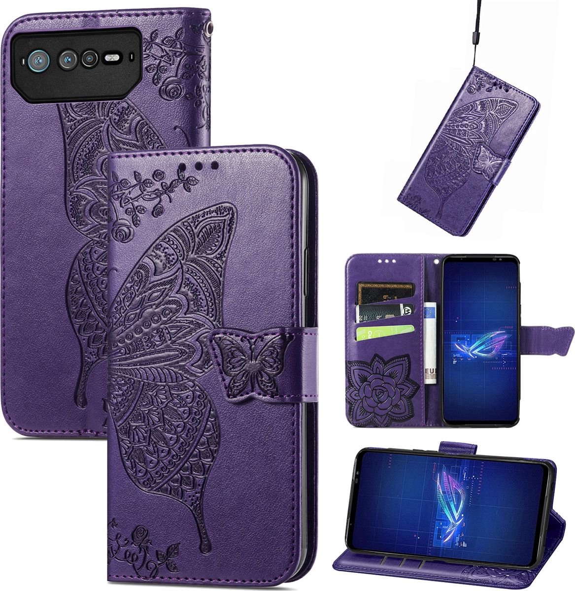 Mobigear Telefoonhoesje geschikt voor ASUS ROG Phone 6 Hoesje | Mobigear Butterfly Bookcase Portemonnee | Pasjeshouder voor 3 Pasjes | Telefoonhoesje voor Pinpas / OV Kaart / Rijbewijs - Paars