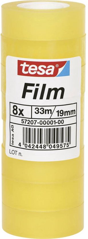 Stapel van 8 gele rollen tesa Film plakband. Elk 33m x 19mm.