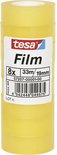 Stapel van 8 gele rollen tesa Film plakband. Elk 33m x 19mm.