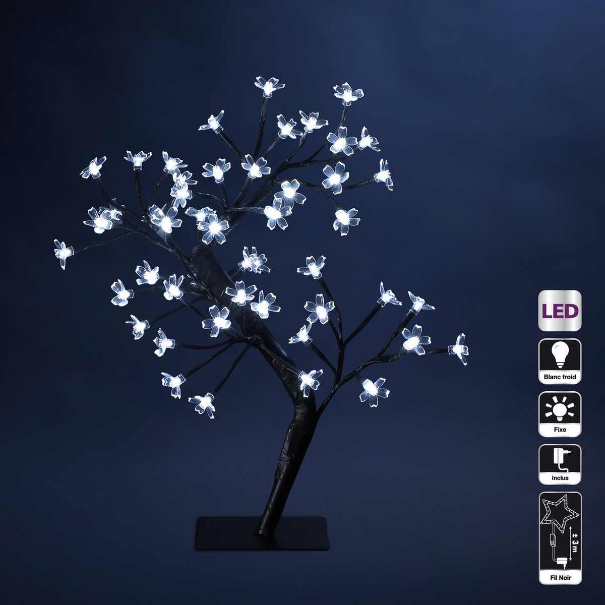 Kerstboom met decoratieve verlichting, Prunusboom in wit, 45cm hoog, lichtgevend.