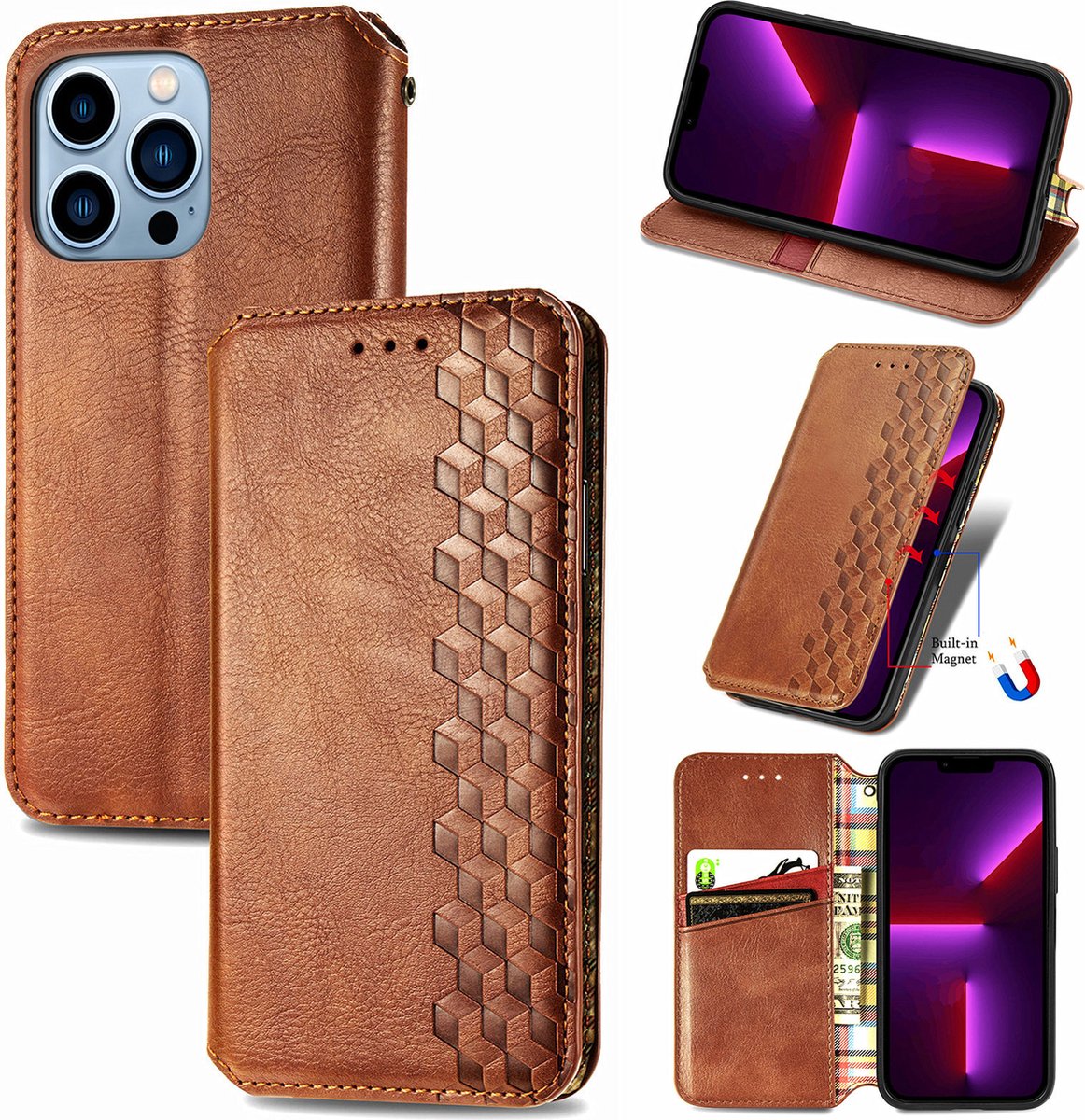 Luxe PU Lederen Ruitpatroon Wallet Case + Screenprotector voor iPhone 13 Pro Max _ Bruin