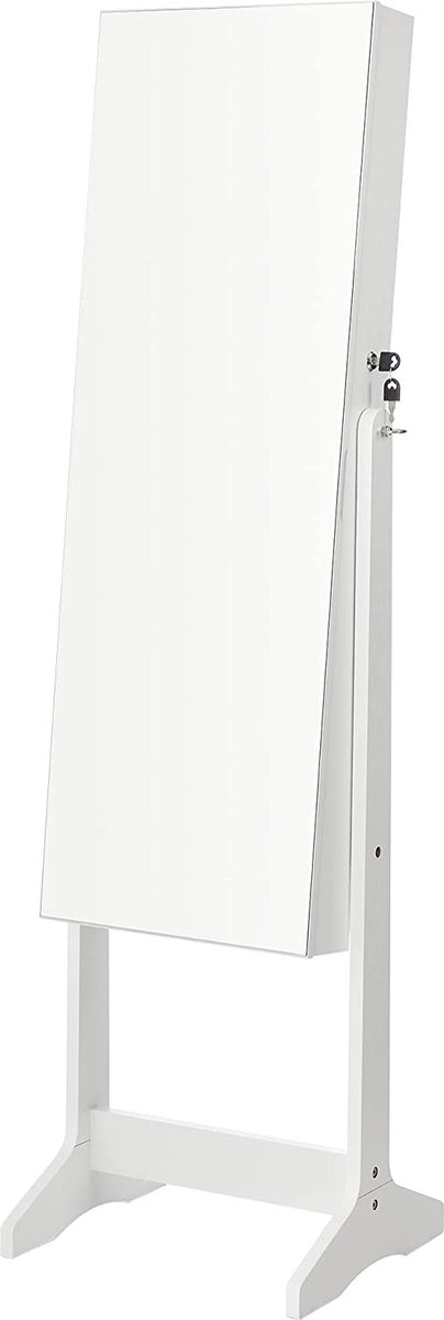 Sieradenkast JJC002W01, staande spiegelkast, met 2 aparte make-up-organizers, frameloze full-body spiegel, afsluitbaar, voor kettingen, oorbellen, make-up, wit