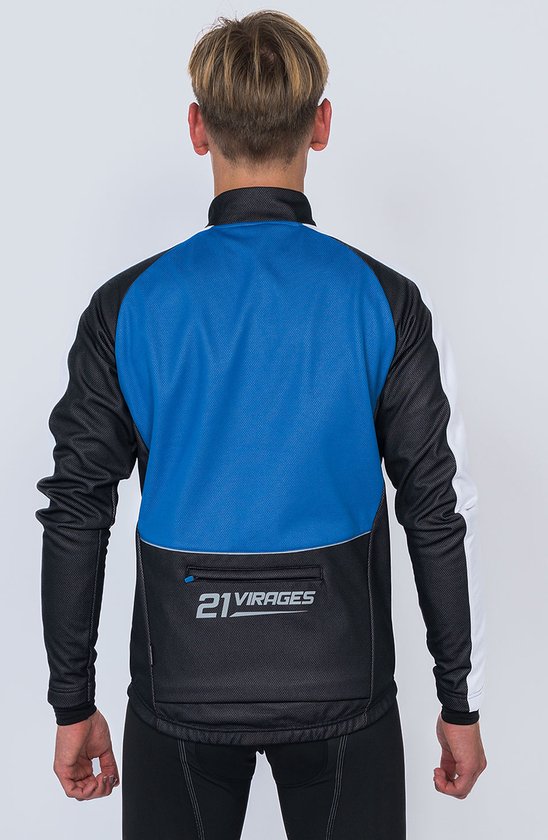 Achterkant van een heren fietsjack met een blauw vlak, zwarte mesh mouwen en zilveren '21 VIRAGES' logo op een achterzak.