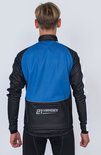 Achterkant van een wielrenjack voor heren met een blauw vlak op de rug, zwarte mouwen en witte schouderpanelen. Het logo '21 VIRAGES' staat op de onderkant.