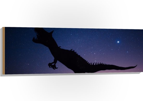 WallClassics - Hout - Silhouette van een Dinosaurus in de Nacht - 120x40 cm - 12 mm dik - Foto op Hout (Met Ophangsysteem)