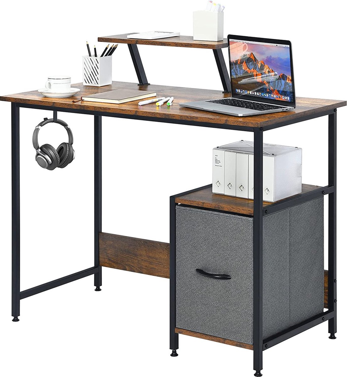LIVINGIGNS Computertafel met lade en beweegbaar rek, bureau in industriële stijl, groot bureau met haken, computerwerkplek voor thuis en op kantoor, rustiek bruin