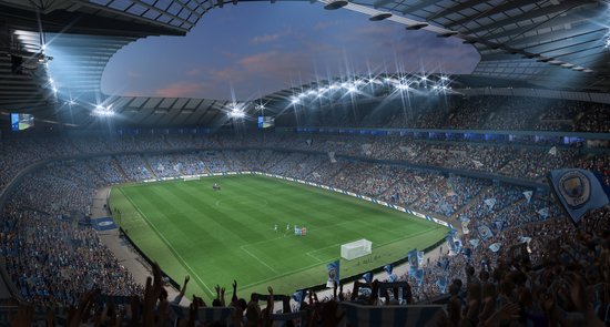 Voetbalstadion met veel lichtjes en publiek, groen veld.
