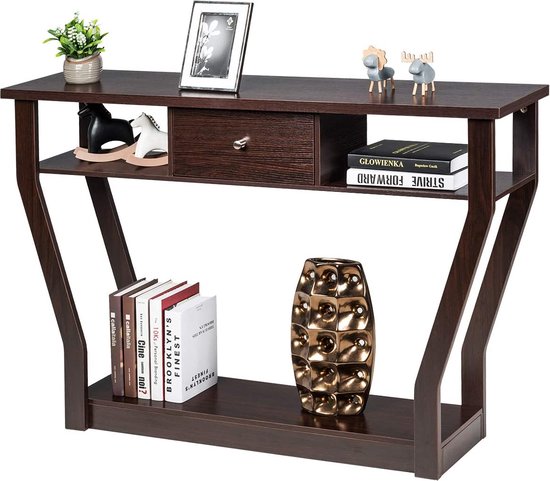 Console tafel HWC-M47, telefoontafel bijzettafel opbergtafel, lade, acacia massief hout gebeitst 80x120x35cm 22kg
