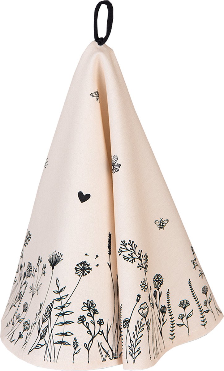 Clayre & Eef Theedoek Ø 80 cm Beige Zwart Katoen Bloemen Keukenhanddoek