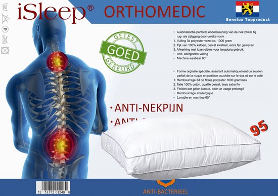 iSleep ORTHOMEDIC Hoofdkussen | Boxmodel | Extra Dik | Anti-nekpijn | Anti-allergie | Wasbaar | 50x60x10 cm | Wit