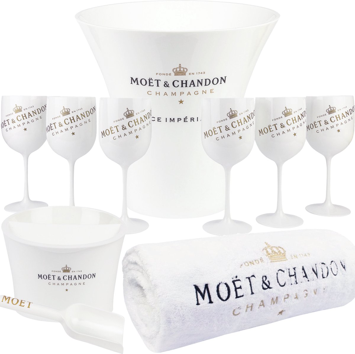 Complete Moët & Chandon Ice Imperial set Ice Bucket XL inclusief 6 glazen en Small Ice Bucket met Scoop en handdoek - Moët & Chandon