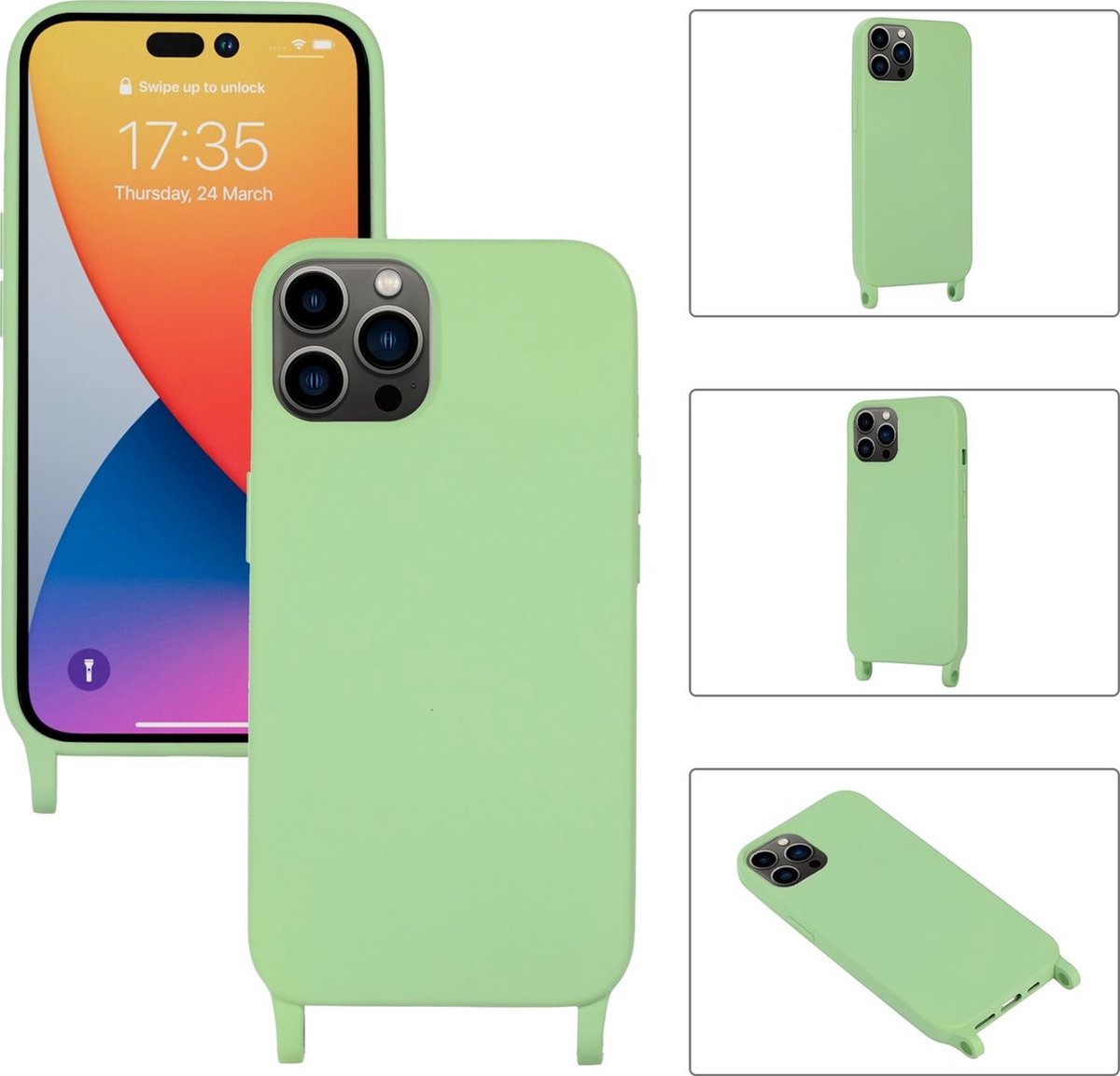 Mobigear Telefoonhoesje geschikt voor Apple iPhone 14 Pro Siliconen | Mobigear Lanyard Hoesje met koord - Groen