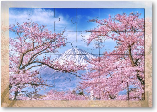 Fuji-berg en kersenbloesems in de lente, Japan - 24 Stukjes Houten
