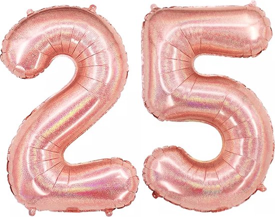 Ballon Cijfer 25 Jaar Rose Goud Helium Ballonnen Verjaardag Versiering Feest versiering Met Rietje Glitter - 86Cm