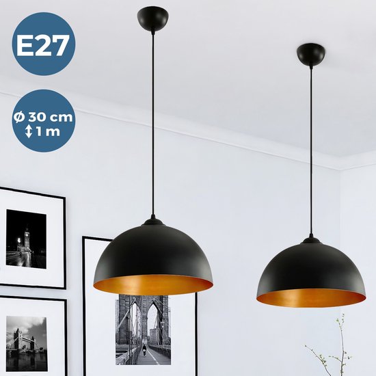 GoodVibes - Set van 2 Vintage Industriële Hanglampen - Plafondlamp - Eettafel Lampenset in Industrieel Design - Slaapkamer - Woonkamer - Keuken - 30cm - E27 - Metaal - Zwart/Goud