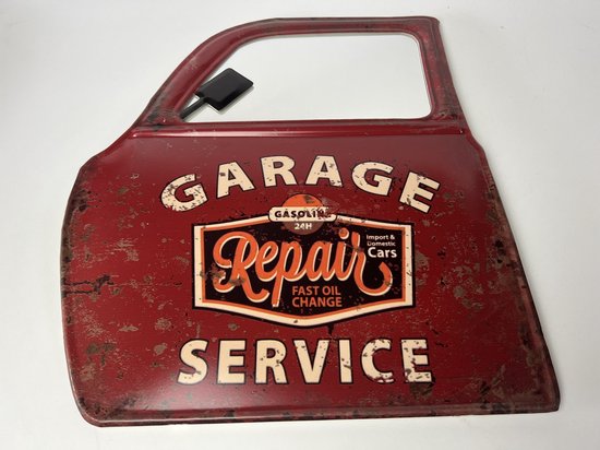 Retro Metalen Muurdecoratie – Garage service repair Autodeur met Spiegel – Vintage