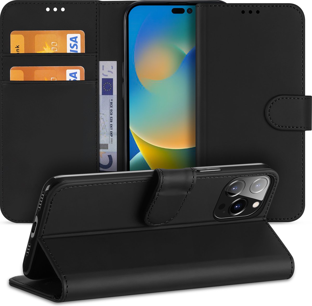 Book Case Telefoonhoesje voor de iPhone 14 Pro Max Zwart met Pasjeshouder