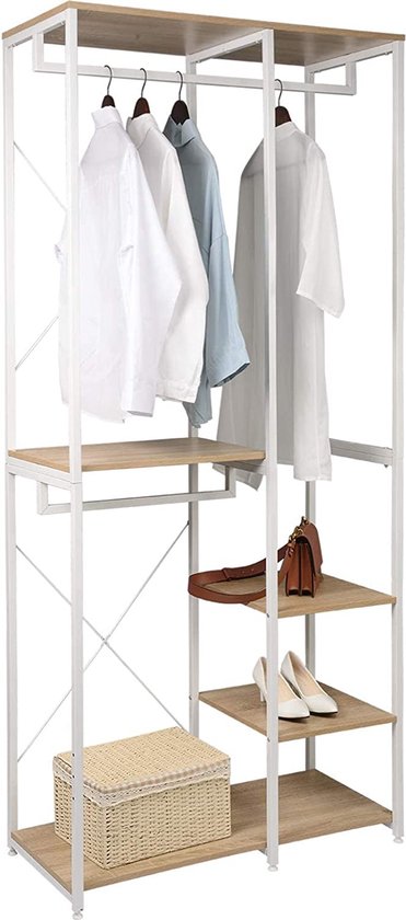 Furnibella - Kapstok Kledingkast plank in spaanplaat en stalen,kledingstang Kledingrek met schoenenrek,Wit+lichteiken