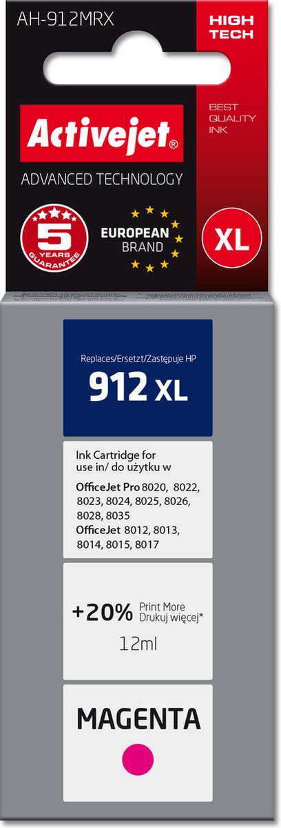 Activejet AH-912MRX inkt voor HP printers, Vervanging HP 912XL 3YL82AE; Premium; 990 pagina's; paars