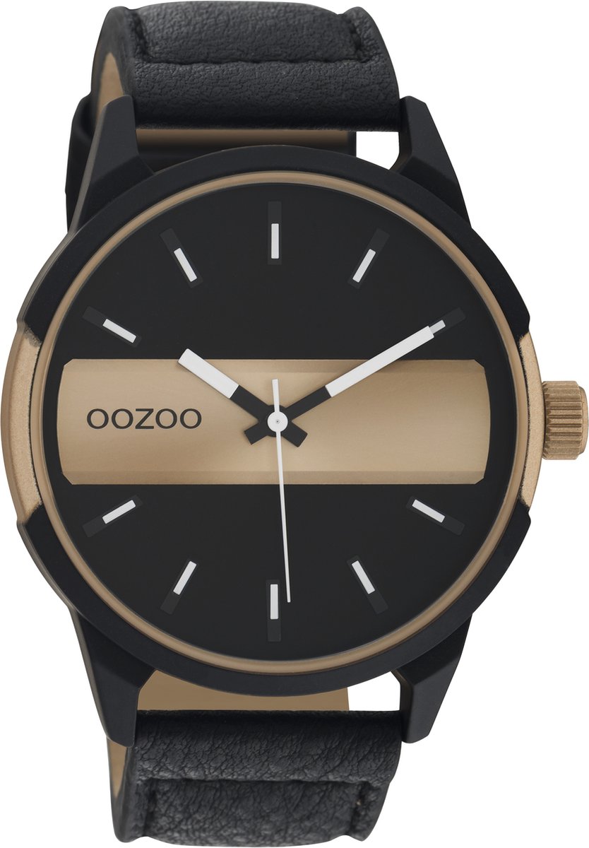 OOZOO Timpieces - Zwart-champagne horloge met zwarte leren band - C11001