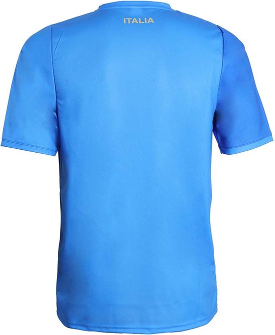 Achterkant van een blauw voetbalshirt met "ITALIA" in goudkleurige letters op de nek.