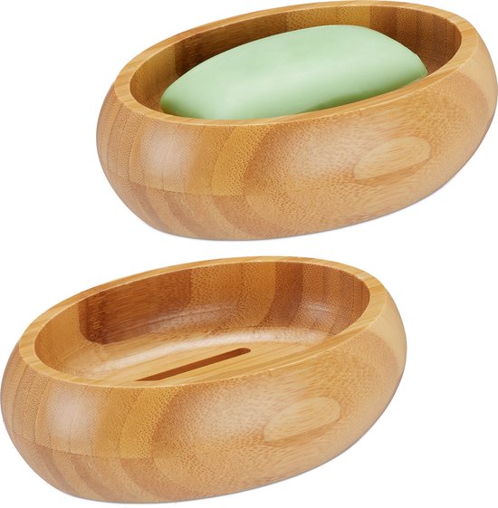 Relaxdays 2x zeepbakje bamboe - zeephouder badkamer - zeepschaaltje - wastafel accessoire