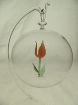 Glasdecoratie - hanger - 10 cm rond - glasbol - mondgeblazen - tulp - bloem - oranje