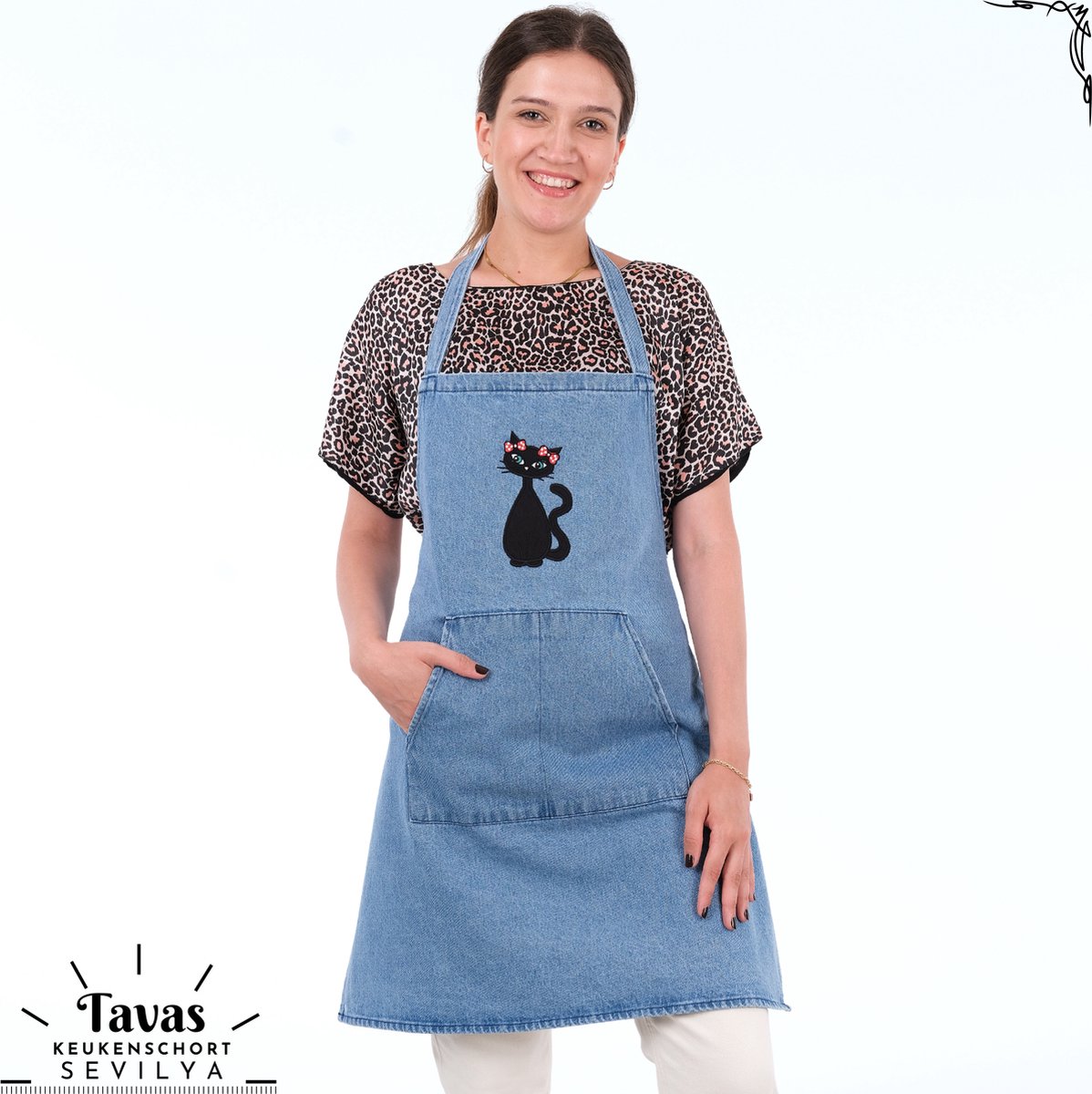 Sevilya Denim Keukenschort met Katten Jeans Kookschort met Kat - Schort met twee zakken Keukenschort dames - voor vrouwen Spijkerstof