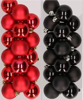 32x stuks kunststof kerstballen mix van rood en zwart 4 cm - Kerstversiering