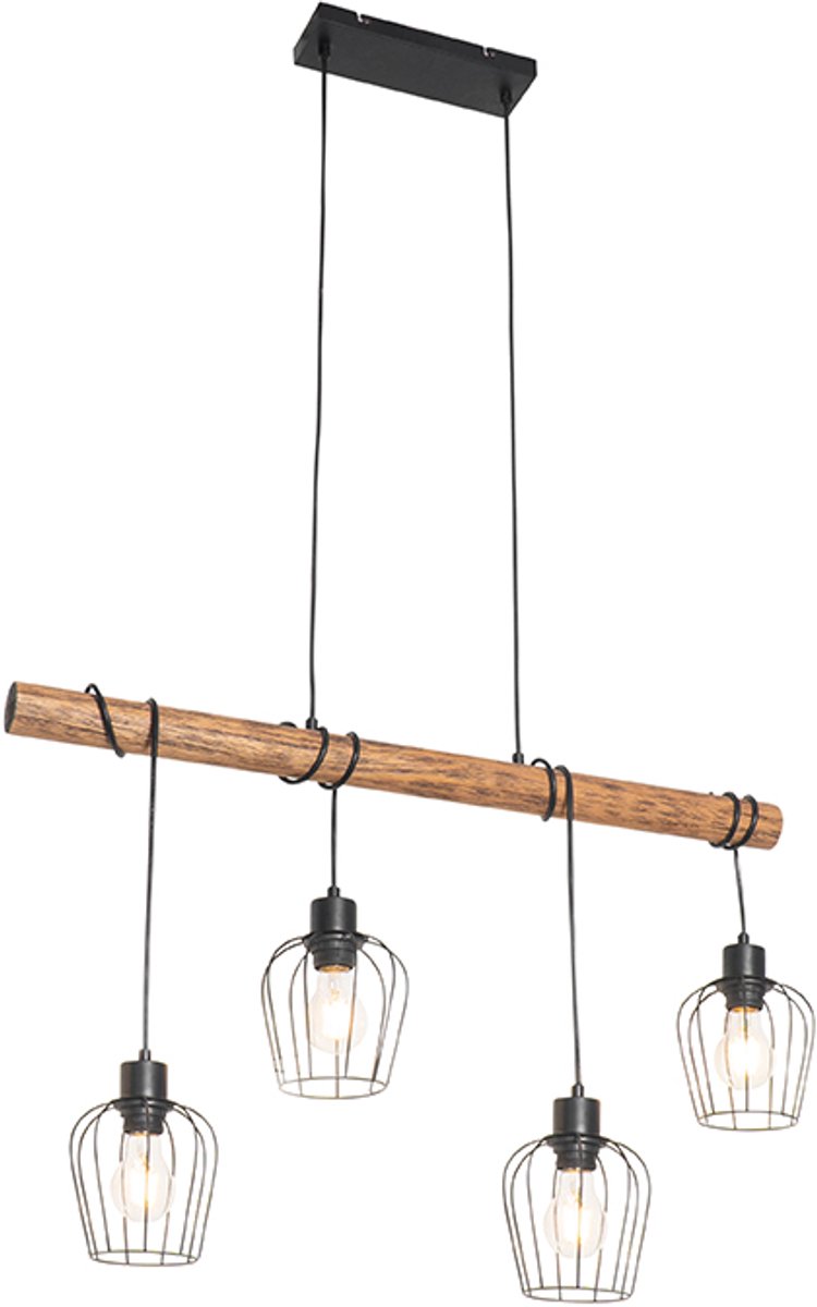QAZQA stronk - Landelijke Hanglamp eettafel - 4 lichts - L 80 cm - Zwart - Woonkamer | Slaapkamer | Keuken