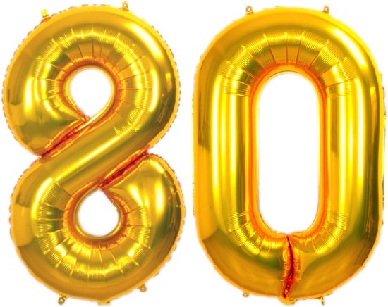 Folie Ballon Cijfer 80 Jaar Goud Verjaardag Versiering Helium Cijfer Ballonnen Feest versiering Met Rietje - 86Cm