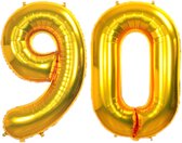 Folie Ballon Cijfer 90 Jaar Goud Verjaardag Versiering Helium Cijfer Ballonnen Feest versiering Met Rietje - 86Cm