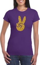 Toppers Paars Flower Power t-shirt gouden glitter peace hand dames - Sixties/jaren 60 kleding S